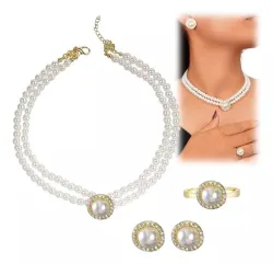 Women Elegant Pearl Double Layers Necklace Set (4 pcs)
